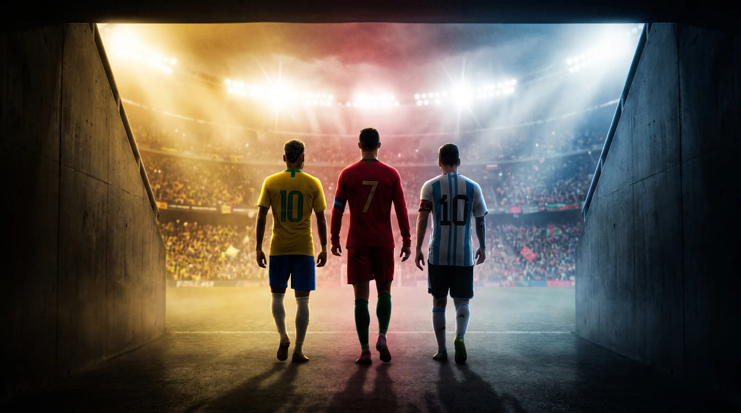 Neymar, Cristiano Ronaldo e Messi de costas no túnel do estádio